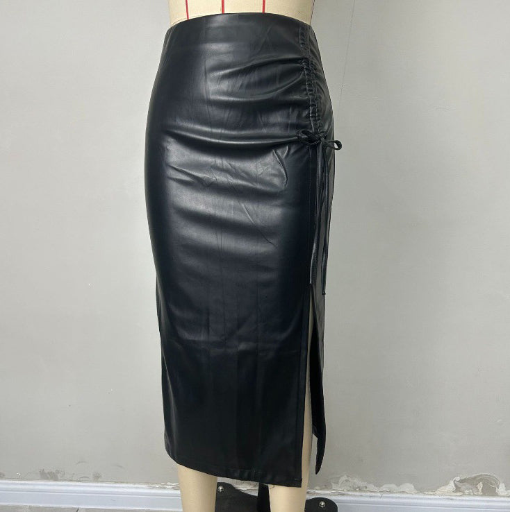 Women's High-Waist Slit PU Leather Skirt 12