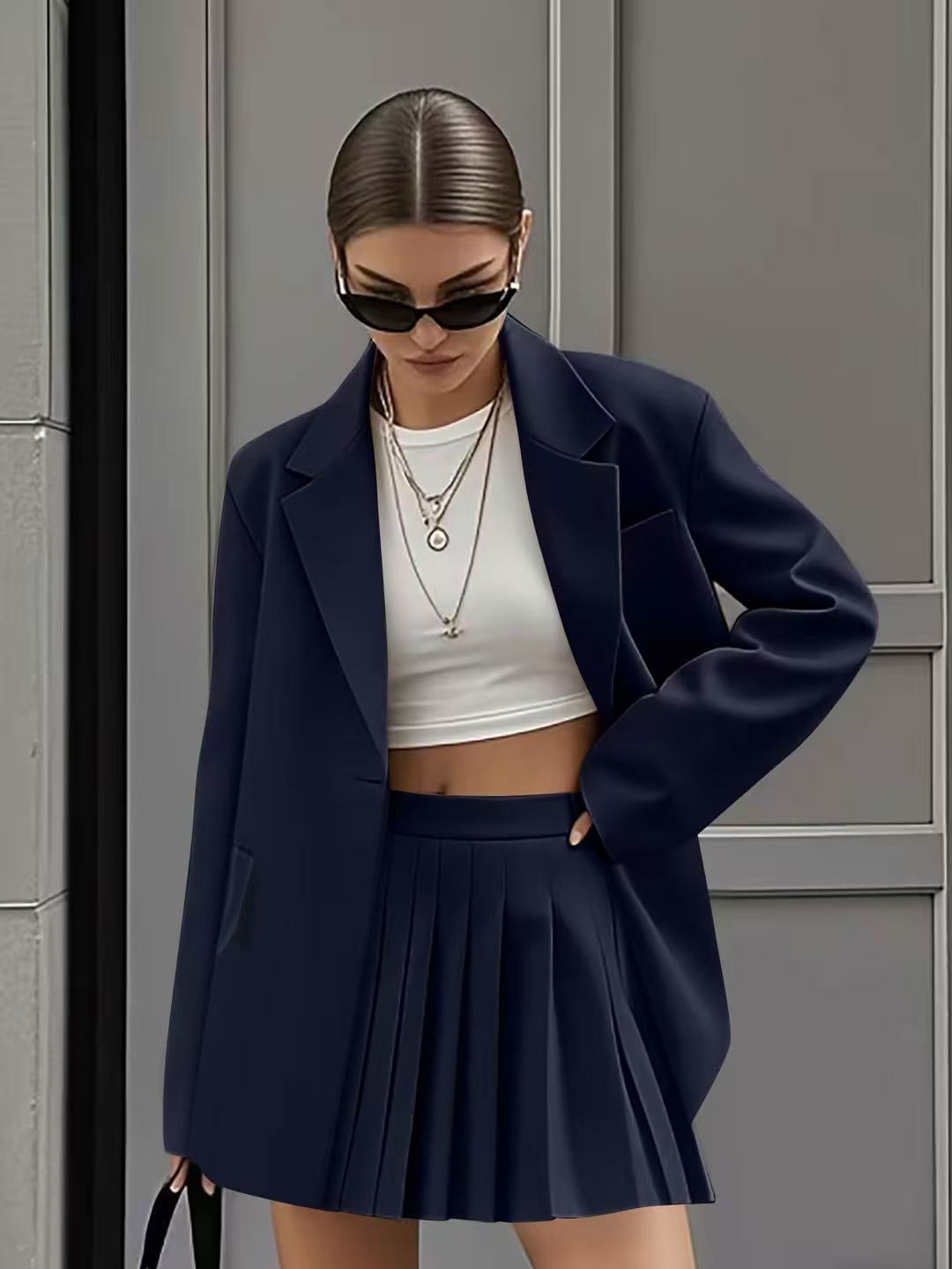 Women Casual Blazer and Pleated Skirt Two-piece Set 8