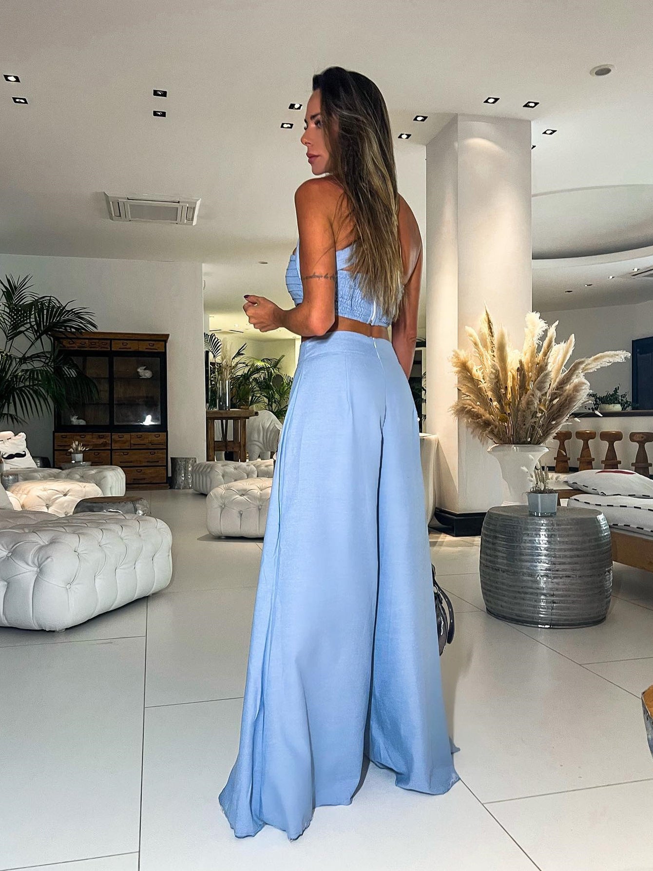 Solid Color Strapless Halter Neck Open Waist Crop Top High Waist Trousers Two Pieces Set