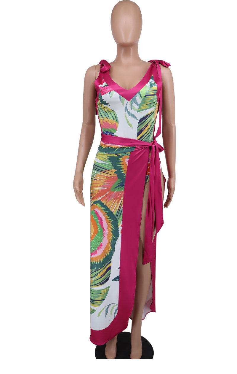 Fashion Casual Women's Sleeveless Printed Lace Up Strap Bodysuit Skirt Set 12