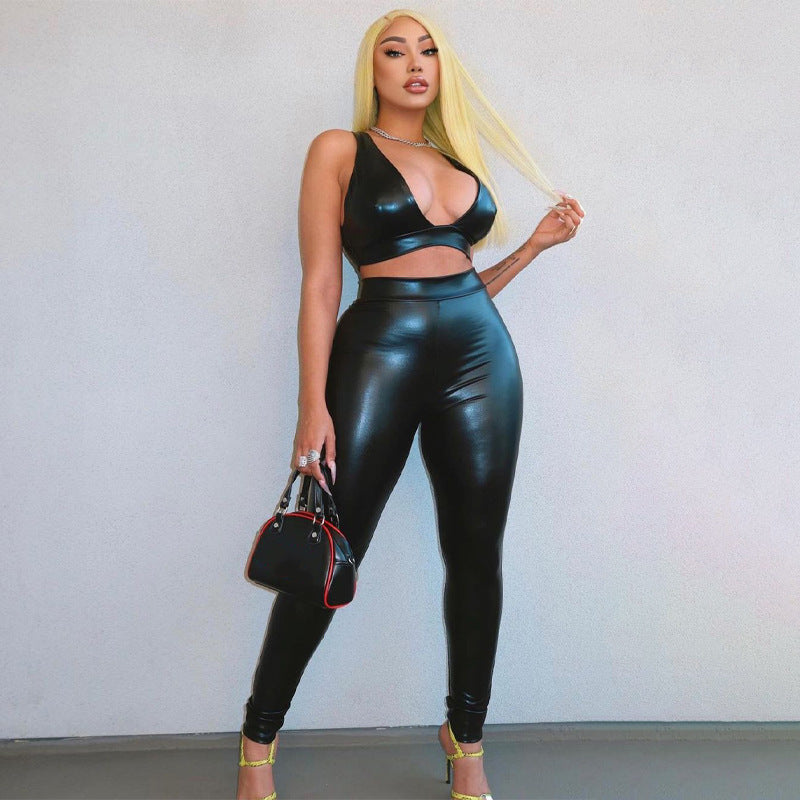 Women v-neck Crop Top and Pant Pu-Leather two-piece set 5