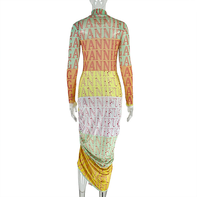 Printed Chic Women's Slim Waist High-Neck Long-Sleeve Sheer Patchwork Long Dress 7