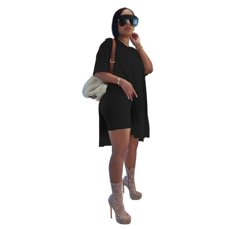 Women Summer Solid Slit Short Sleeve Top and Shorts Two-piece Set 29