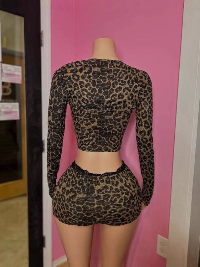 Women’s Fashion Sexy Leopard Print Top Lace Patchwork Skirt Set 3