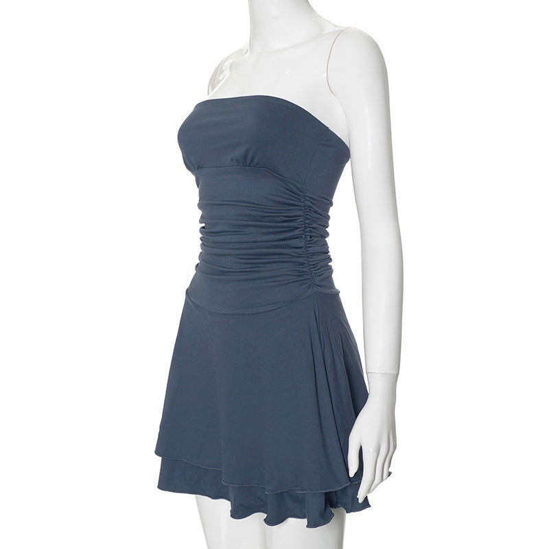 Women Pleated Skirt Solid Strapless Dress 22