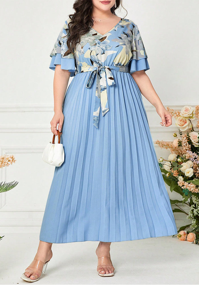 Plus size Women trendy pleated summer print v-neck dress