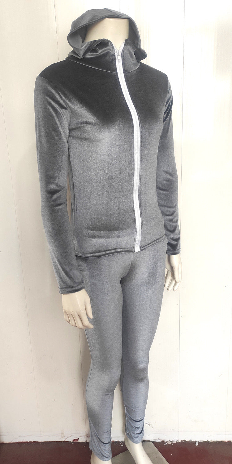 Women Fall and Winter Casual Velvet Hooded Zippered Top Long Pants Two-piece Set 16