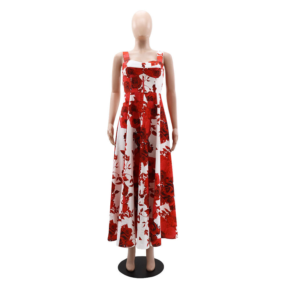 Strap Red Rose Printed Long Dress Chic Elegant Women's Dress 9