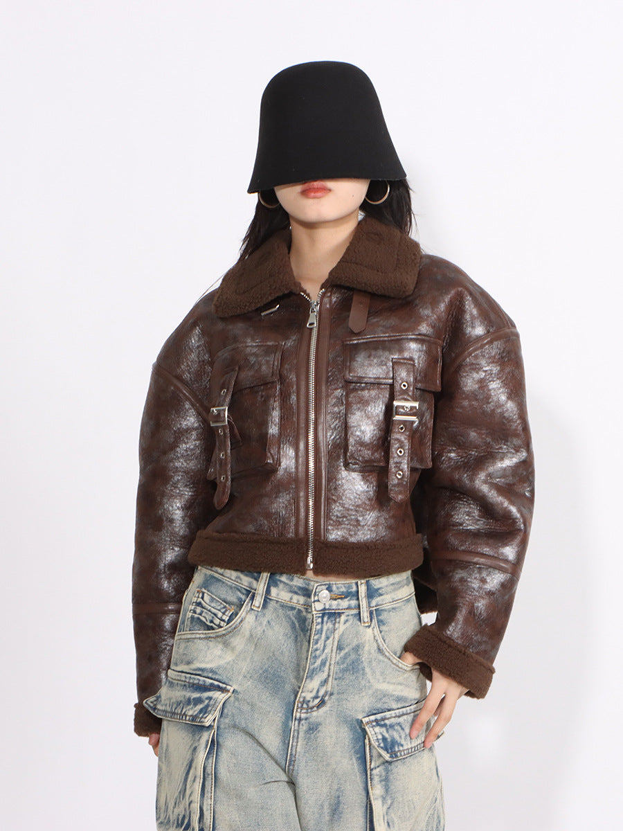 Autumn and winter fashion Chic fur pocket decoration Turndown Collar short jacket