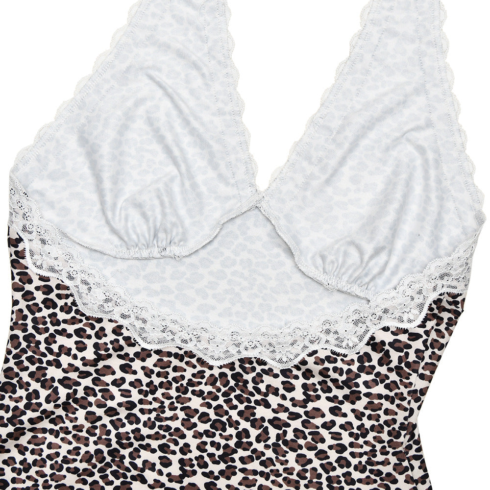 Spring Summer Leopard Print Low Back Lace Patchwork Halter Dress 12