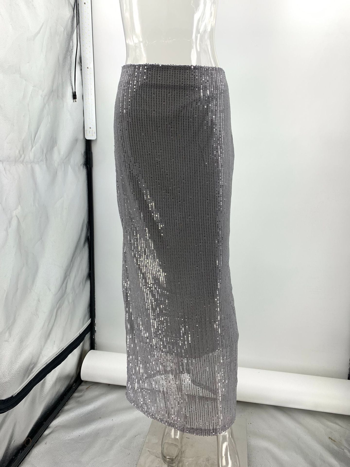 Fashion elastic high waist nightclub sequins long skirt 10