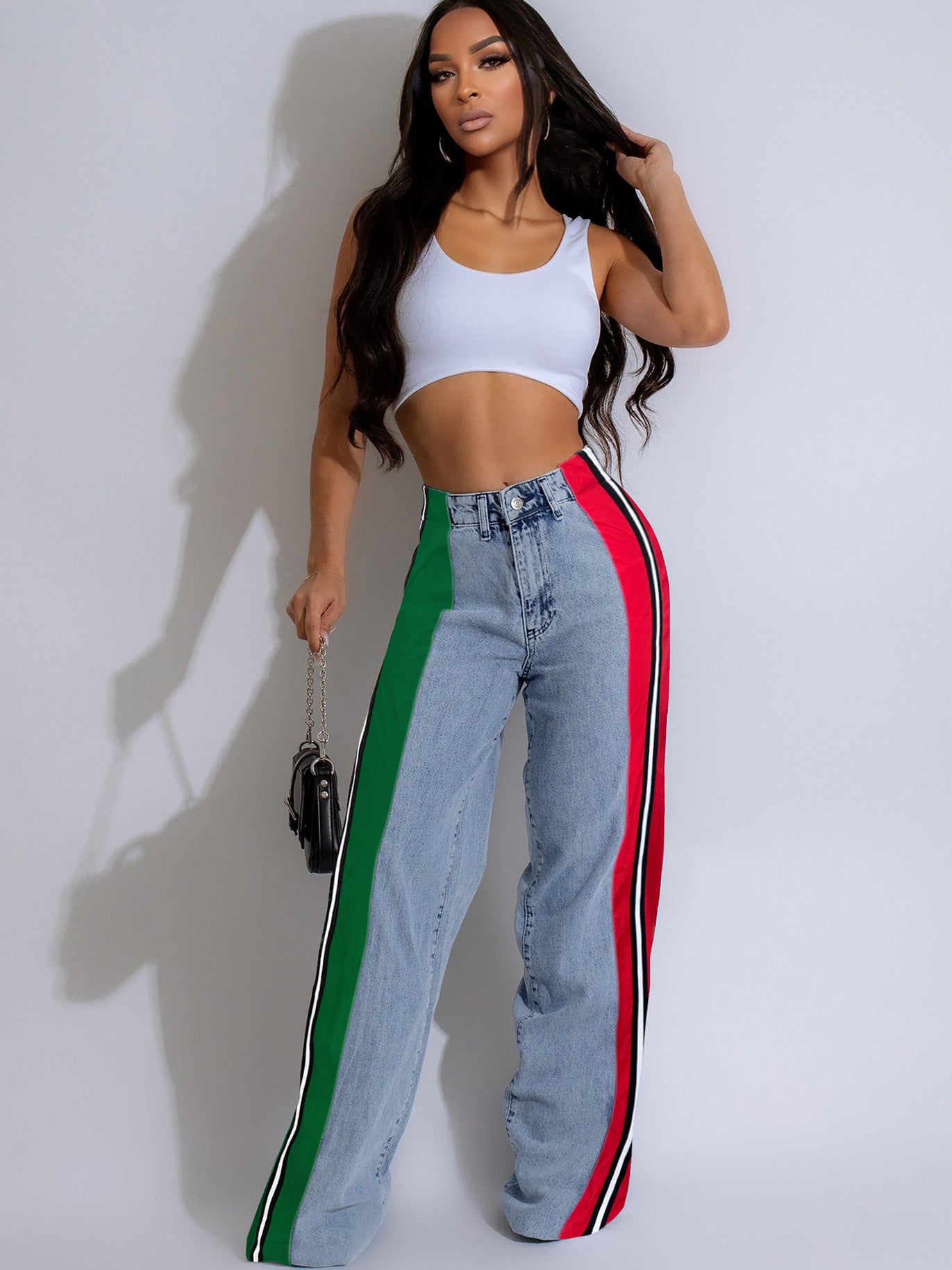 Women's Fashion Patchwork Striped Contrast Denim Pants Casual Straight Pants 10