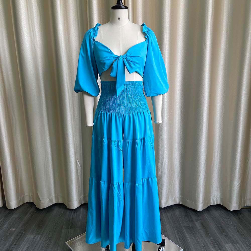 Women Spring Casual V-neck Sleeveless High Waist Solid Cascading Ruffle Loose Plus Size Two Piece Pants Set 18