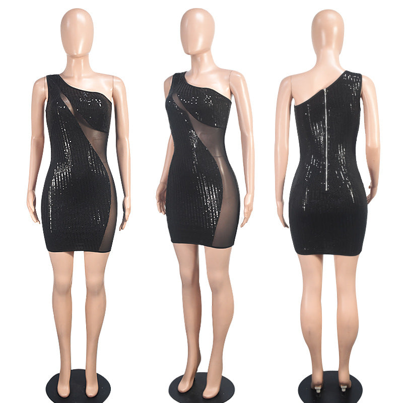 Women's Slash Shoulder Sequin Mesh Sexy Nightclub Fashion Bodycon Dress 12