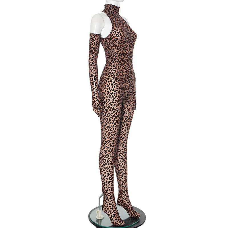 Women Half High Neck Long Sleeve Leopard Print Sexy Jumpsuit 8