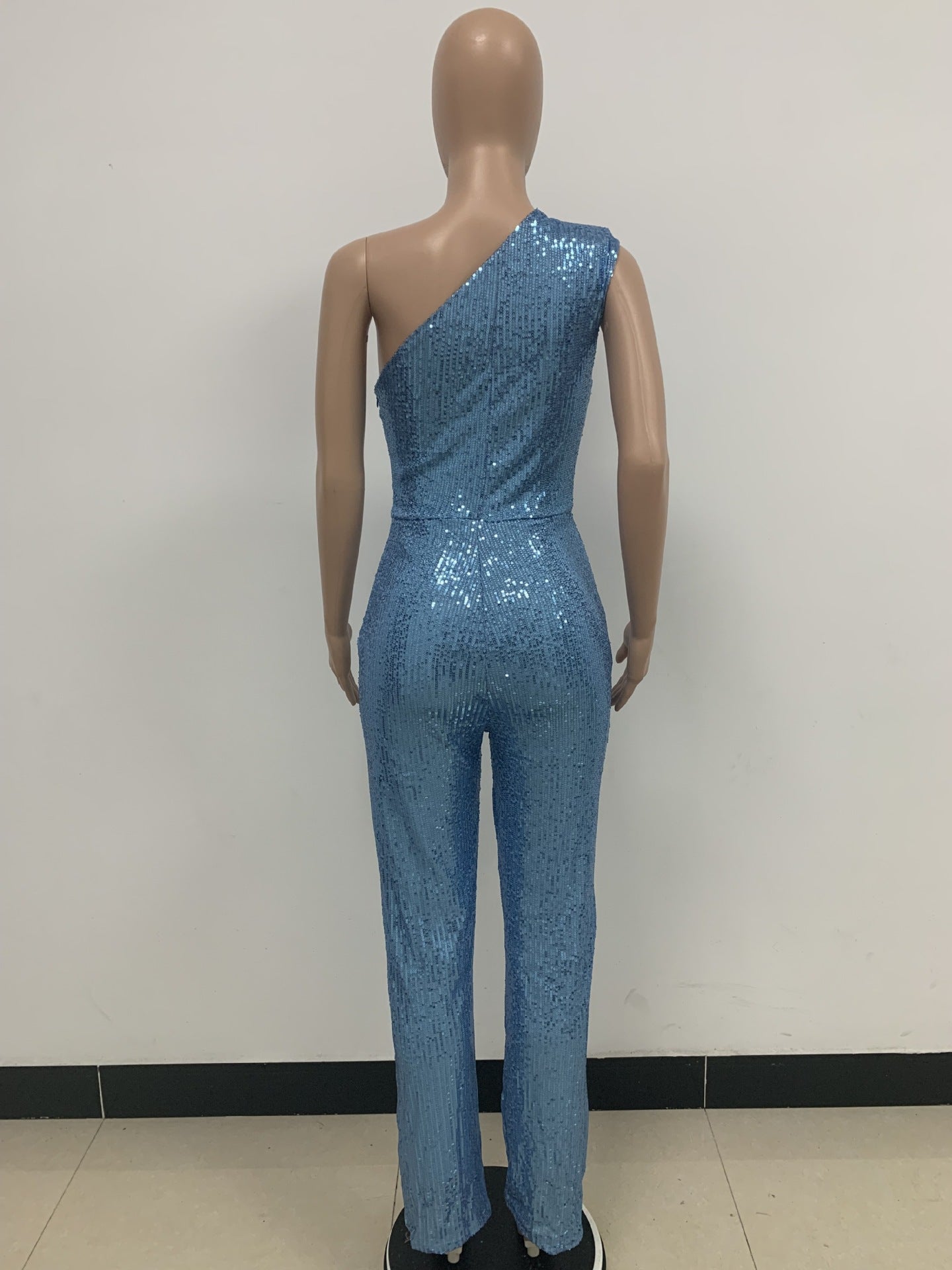 Women's Sleeveless One Shoulder Low Back Sequined Jumpsuit 61