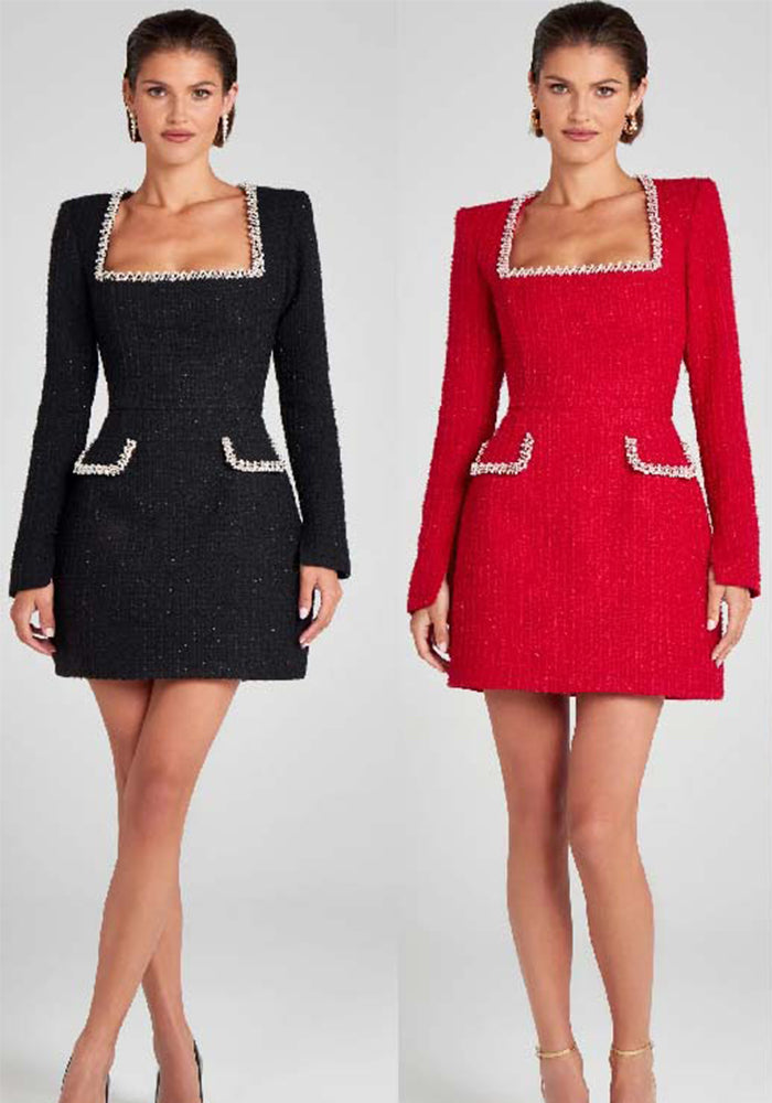 Chic Slim Fit U-Neck Long-Sleeved Diamond Elegant Dress