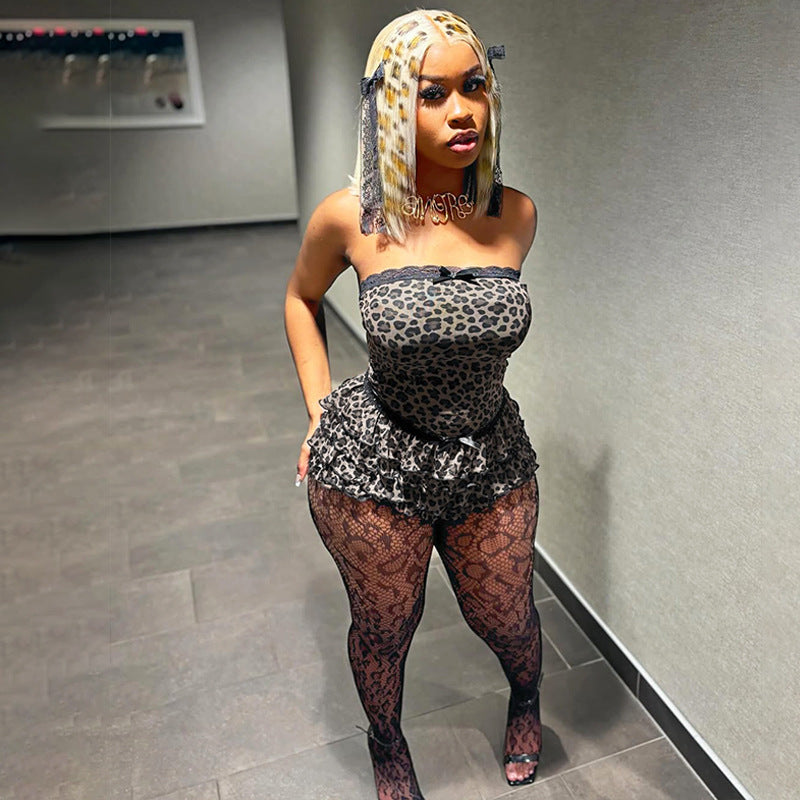 Women Summer Mesh Pleated Patchwork Leopard Printed Wrap Top and Shorts Two Piece Set 6