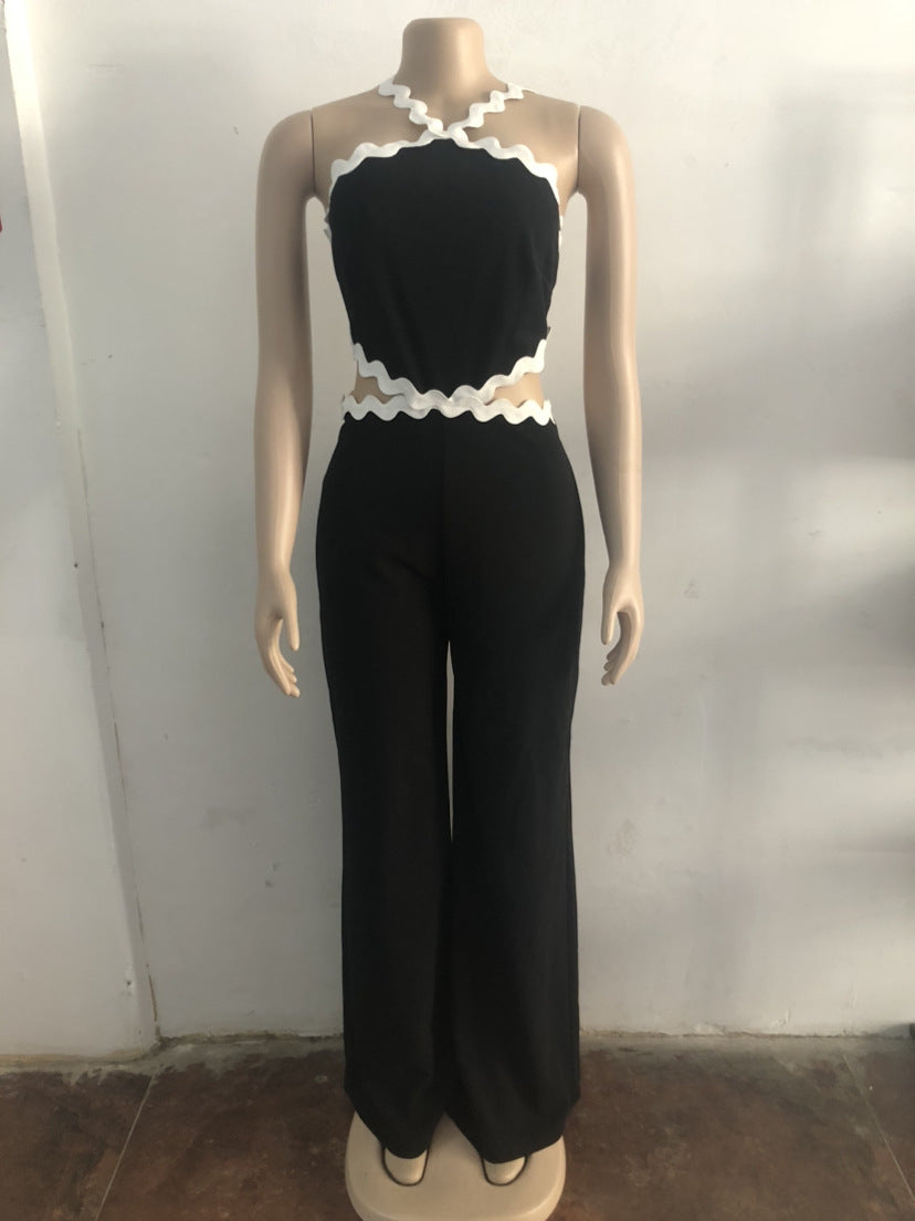 Women Wave Line Patchwork Sleeveless Wide Leg Jumpsuit 10