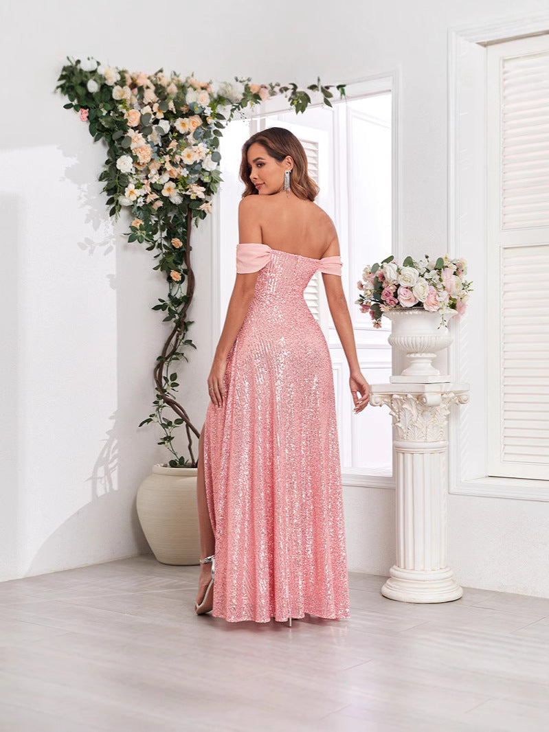 Women sequined sequined suspenders sleeveless slit sexy evening dress