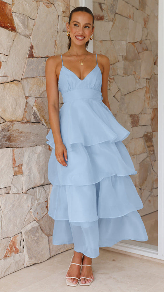 Women sexy Backless suspenders pleated lace dress 3