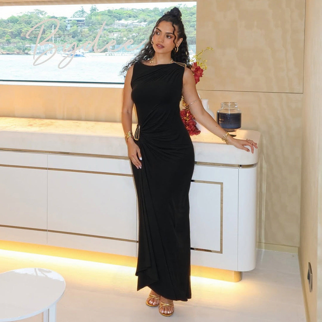 Women Fall Solid Metallic Sleeveless Sexy Slit Dress 16