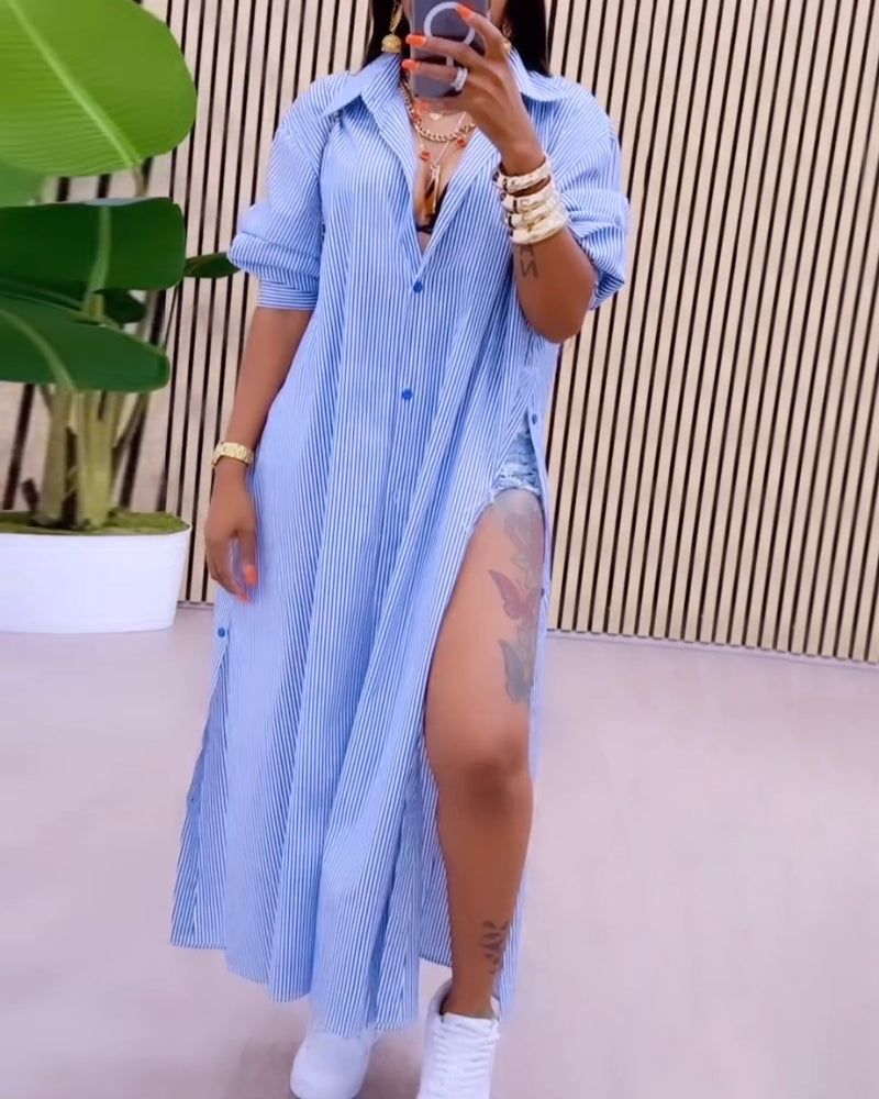 Women Striped Split Lace-Up Long Sleeve Shirt 3