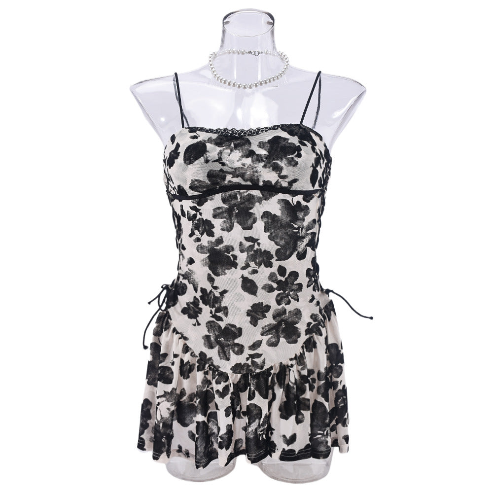 Women Stretchy Mesh Flocked Backless Sexy See-Through Lace-Up Dress 7