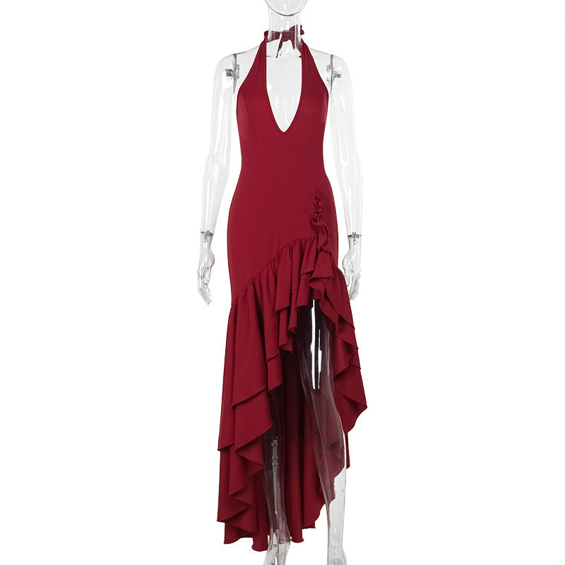 Women autumn sexy Halter Neck V Neck ruffle dress 15