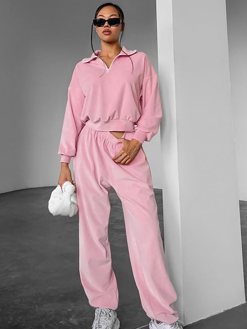 Pink Fashion Sports Suit Autumn Winter Zipper Turndown Collar Two-Piece Women Pants Set