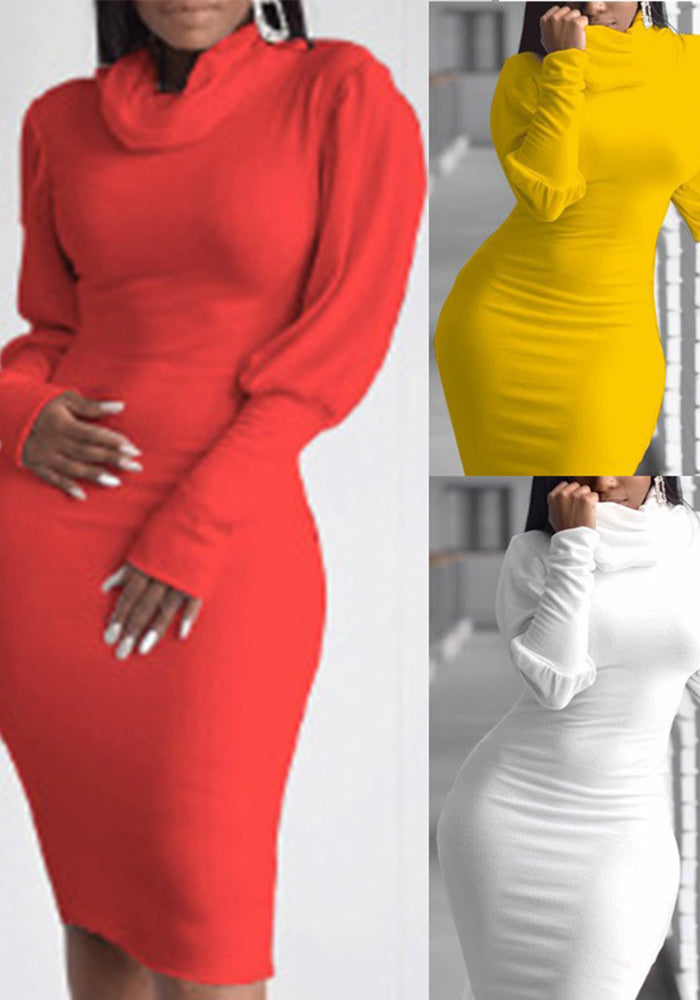 Women Fall High Neck Long Sleeve Bodycon Dress