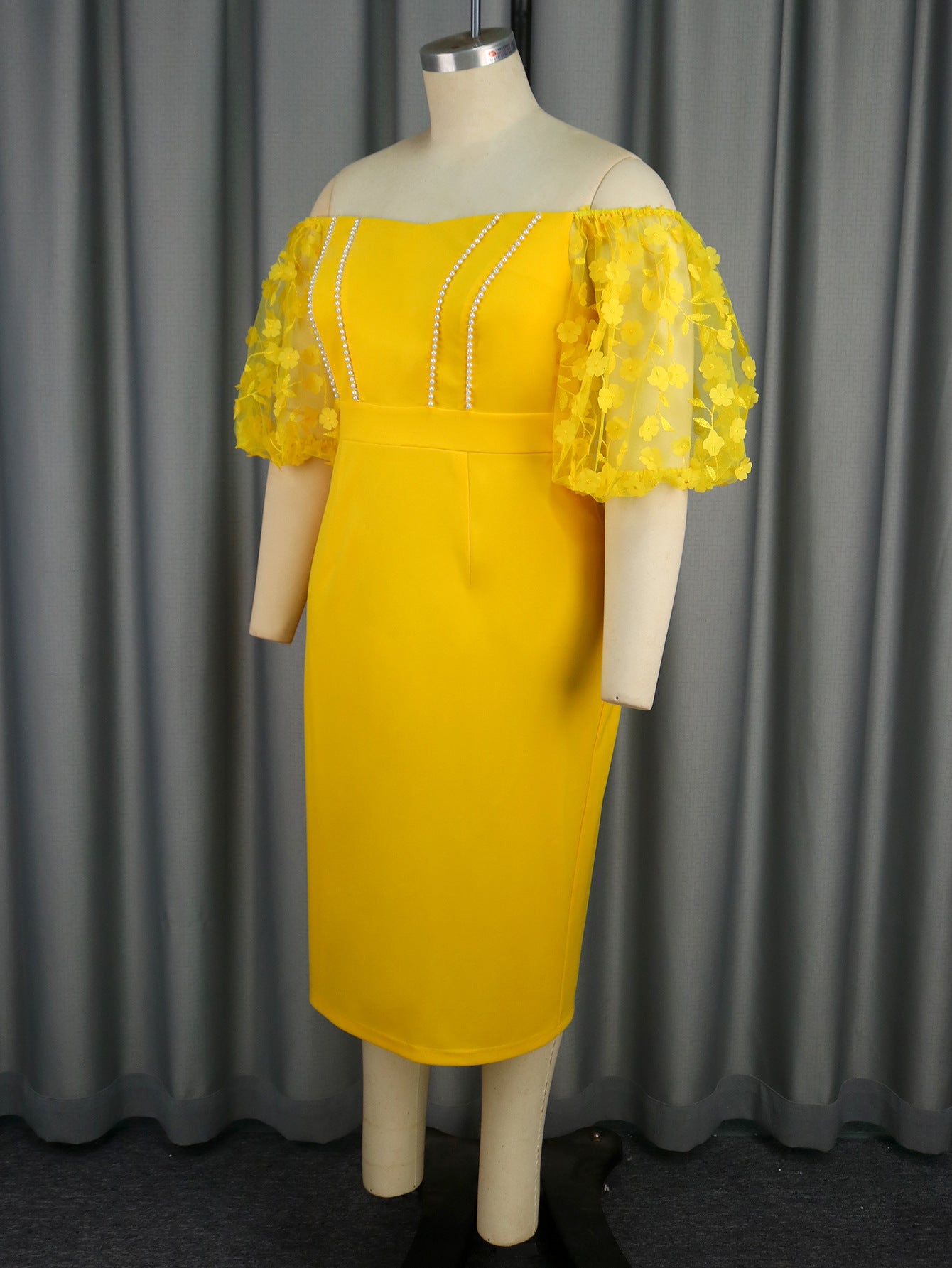 Women Sexy Strapless See-Through Lantern Sleeve Party Cocktail Beading Dress 4