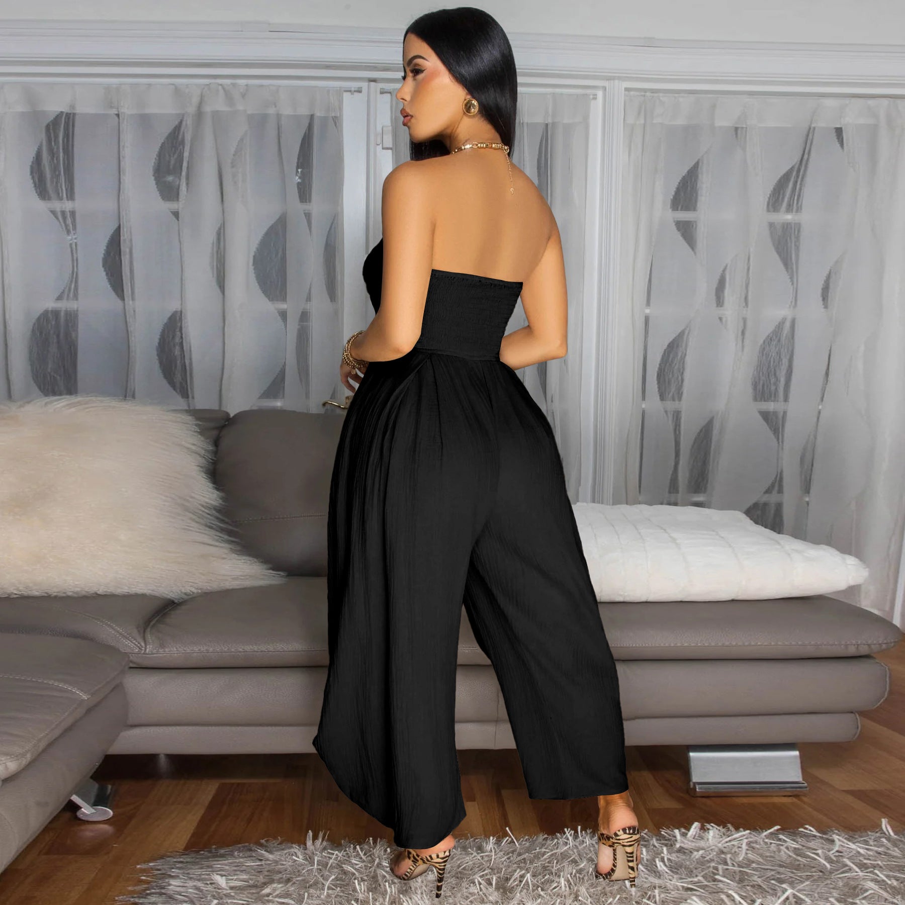Women's Summer Sexy strapless Solid Color loose Jumpsuit 9