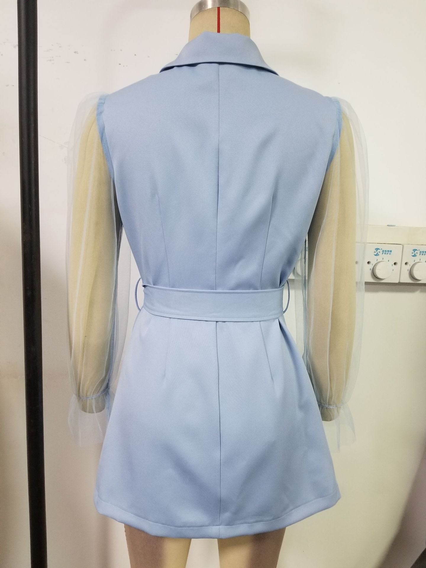 Spring Sexy See-Through Mesh Long Sleeve Double Breasted Slim Waist Chic Women Blazer Dress 56