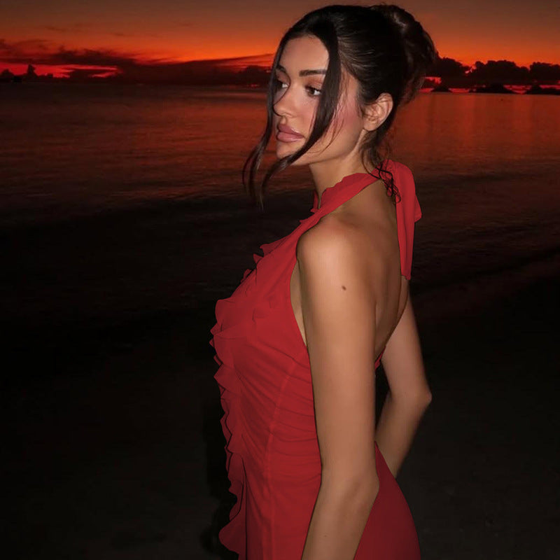 Summer Women's Fashion Sleeveless Low Back Ruffled Deep V-Neck Sexy Long Dress 5