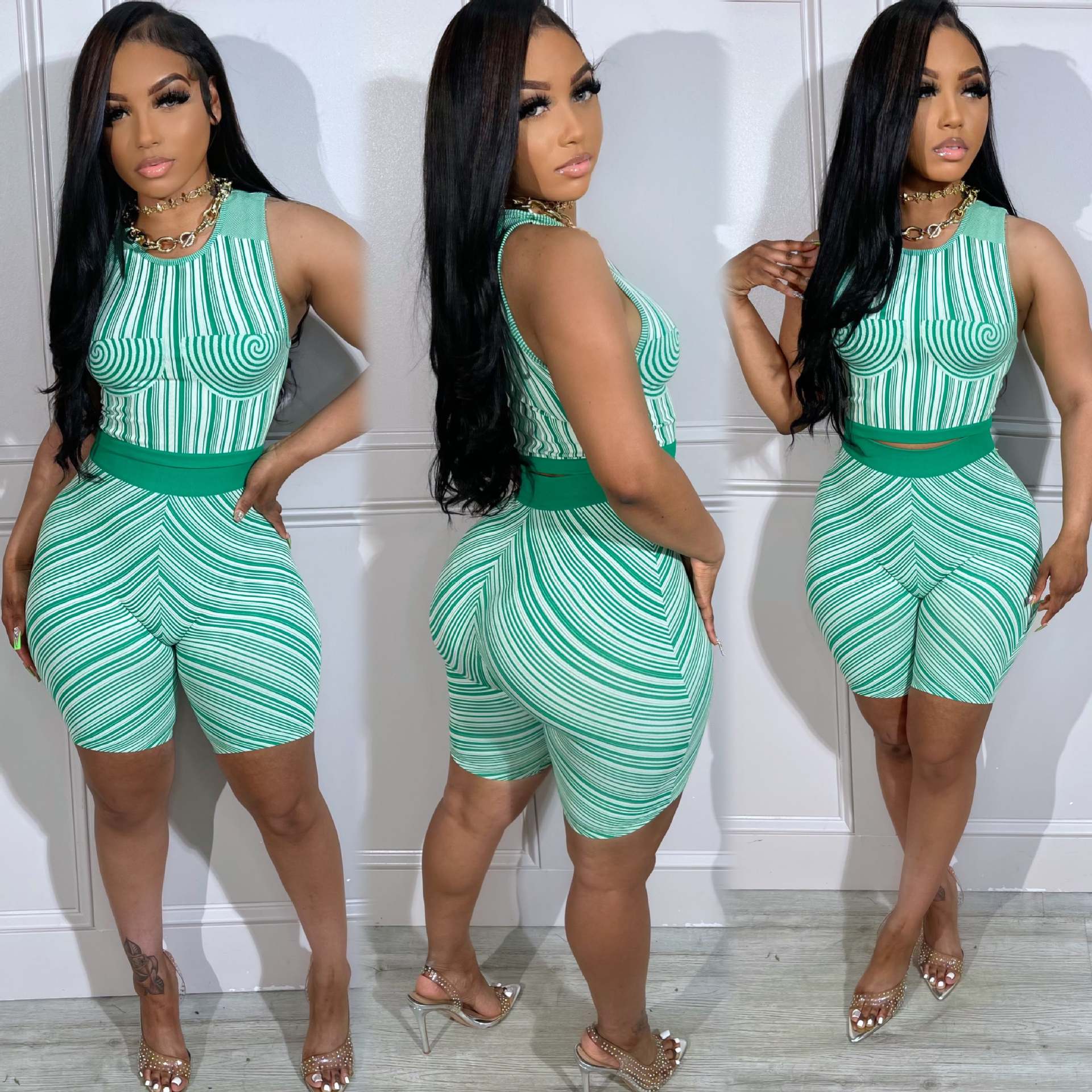 Women Summer Casual Print Sports Tank Top and Shorts Two-piece Set 4