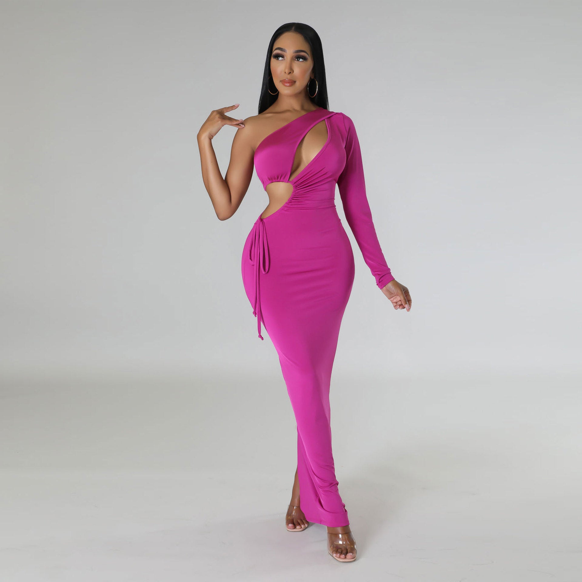 Autumn Winter One Shoulder Long Sleeve Open Waist Tight Fitting Dress 6