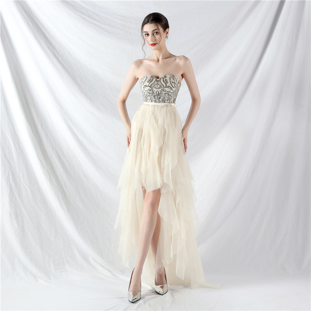 Bridesmaid Strapless Sequin Mesh Patchwork Mesh Formal Party Evening Dress Bride Wedding Gown 9