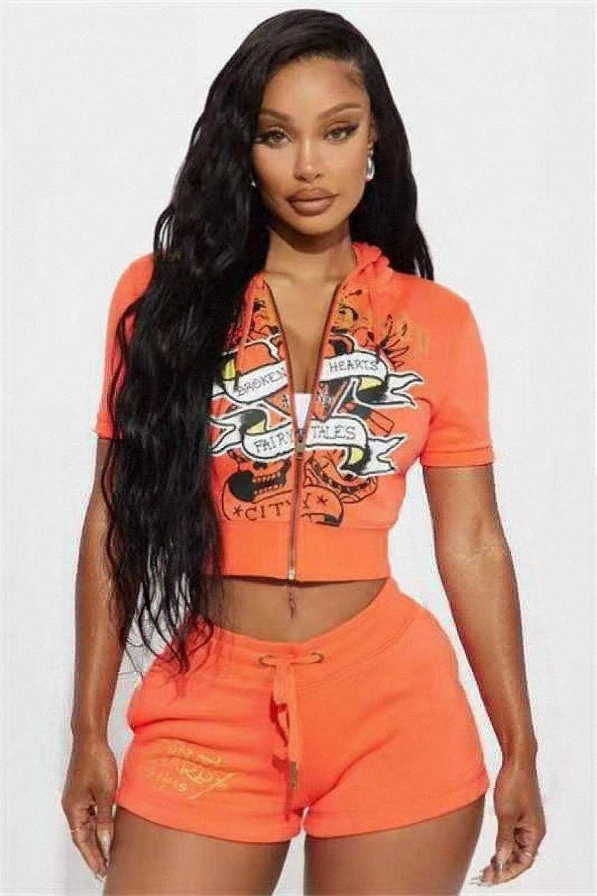 Short Sleeve Print Crop Hoodies & Shorts Set 8