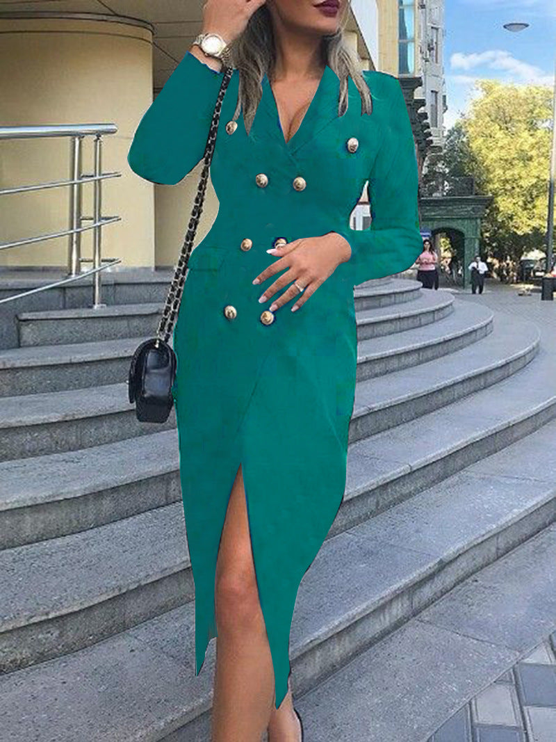 Women Autumn and Winter Long Sleeve Double Breasted Blazer Dress 12