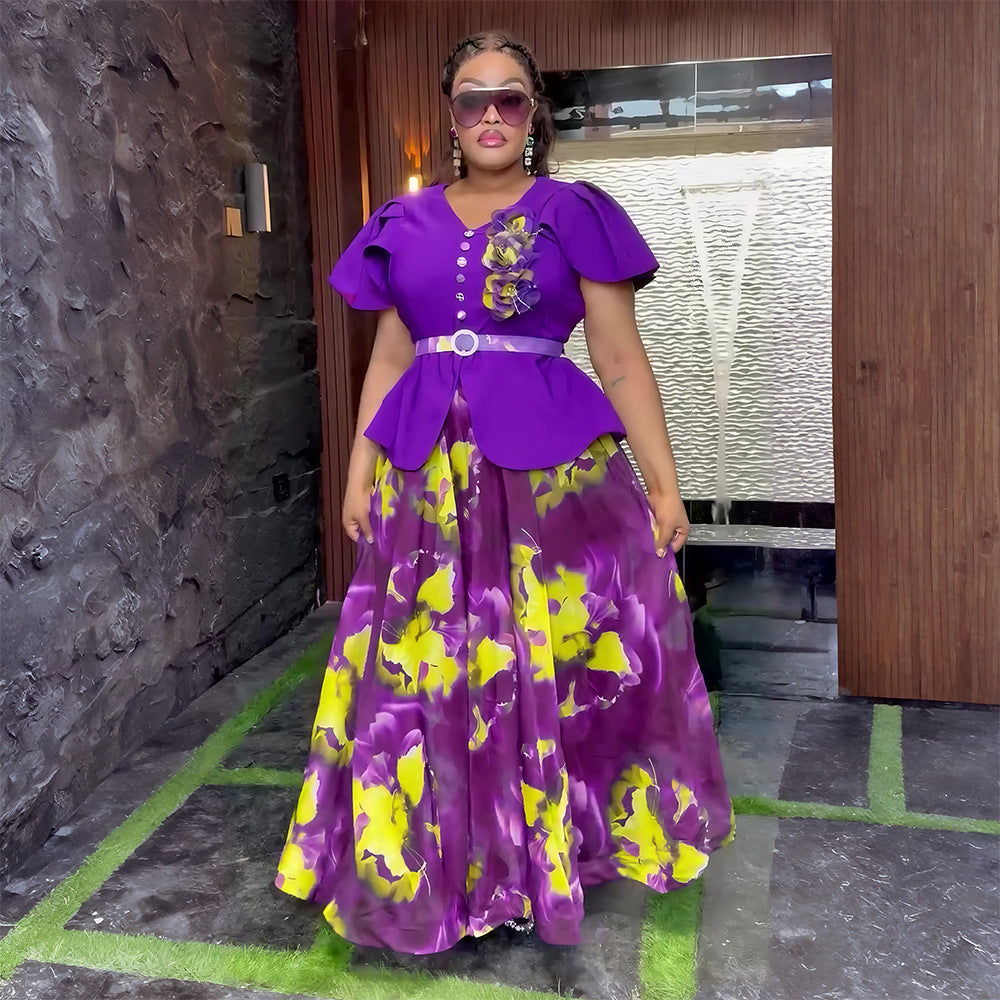 Print Button A-Line Plus Size Dress