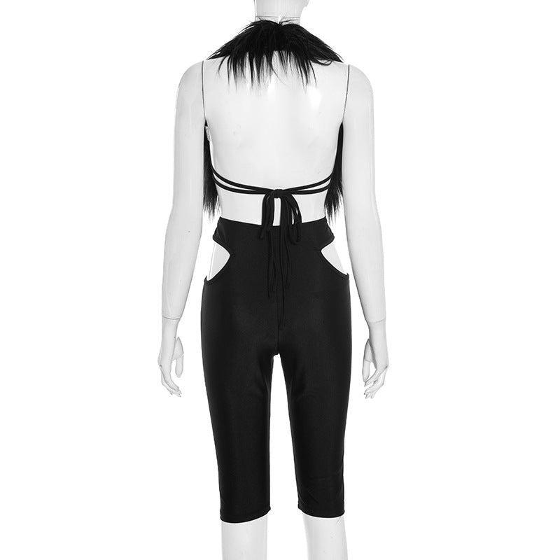 Women Autumn/Winter Halter Neck Fur Collar Backless Tie Cutout Top and Capri Two-Piece Set 8