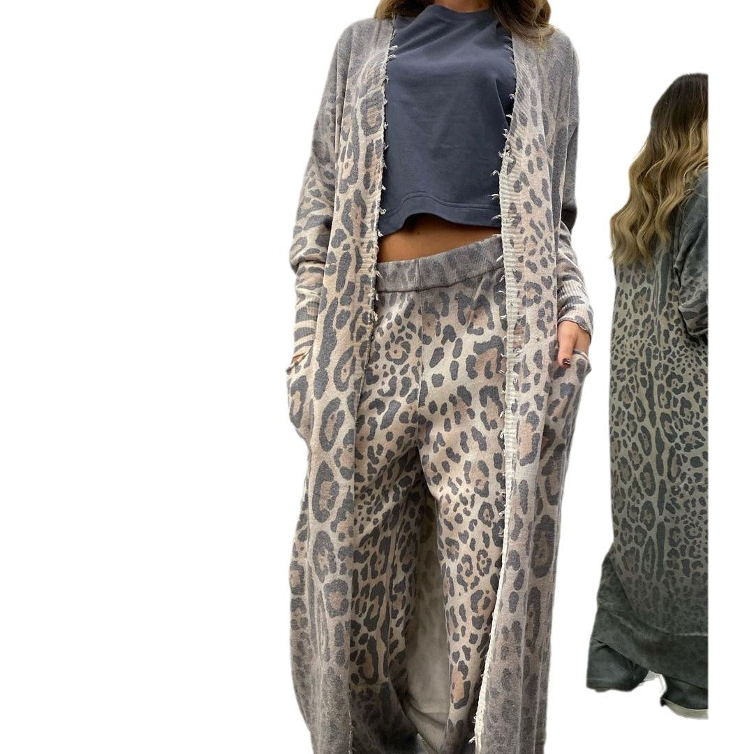 Women spring leopard print long-sleeved cardigan jacket and pant two-piece set 6