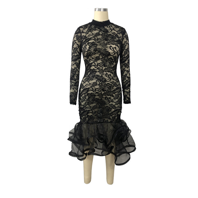 Plus Size Women Long Sleeve Cutout Lace Dress 8