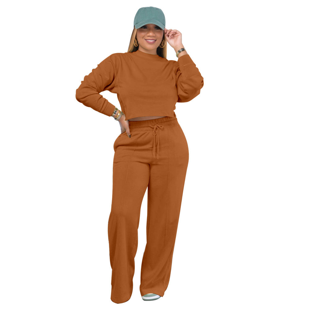 Solid Color Long Sleeve Pocket Straight Pants 2 Piece Set 24
