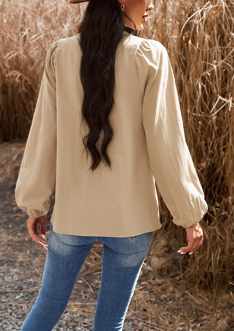 Women Chic Career Solid V Neck Long Sleeve Top 12