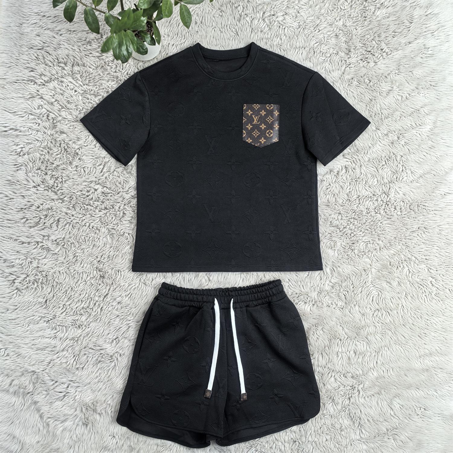 Women casual Pu-Leather pocket jacquard short-sleeved top and shorts sports two-piece set 8