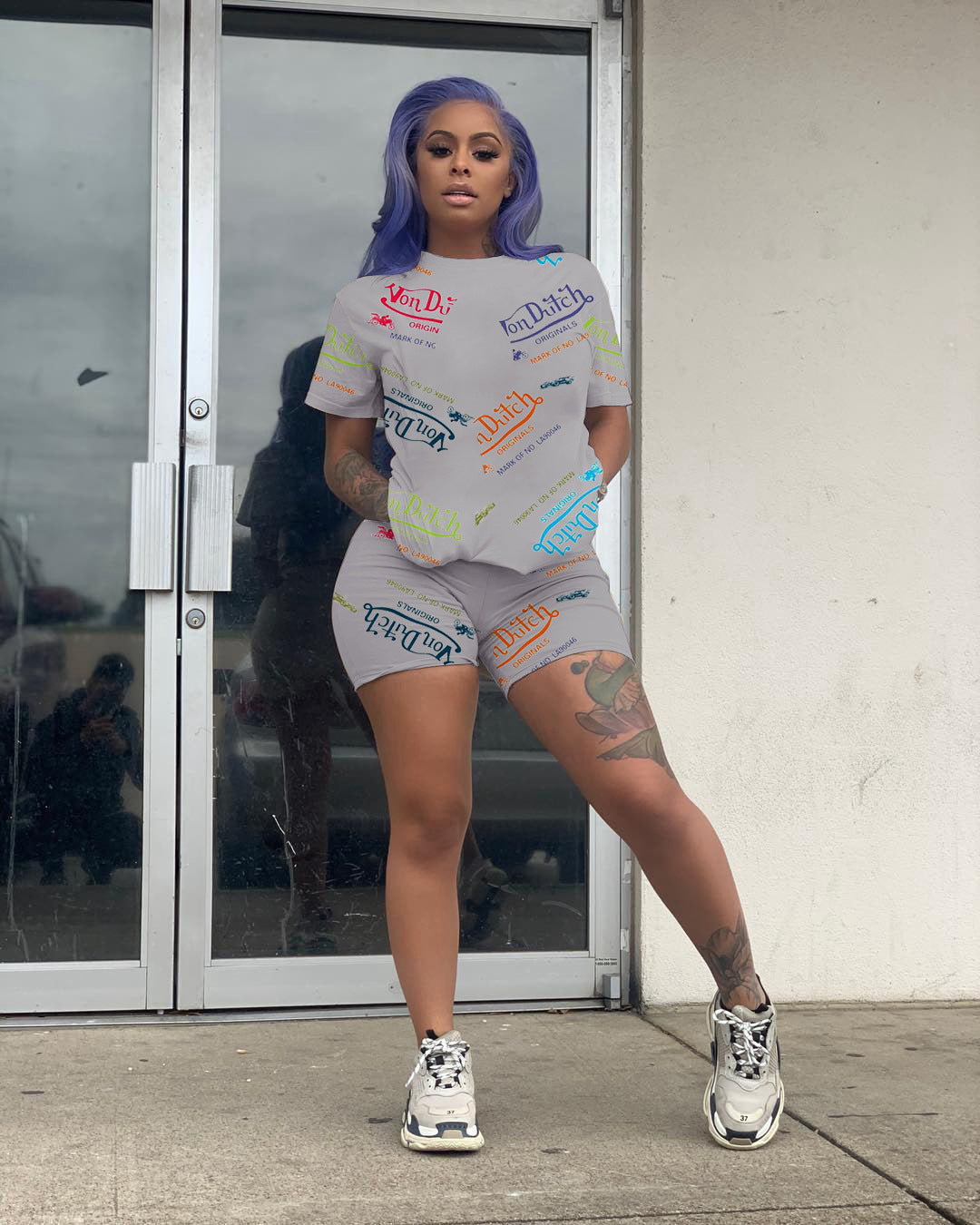 Women Sexy Letter Print Round Neck Short Sleeve Top and Shorts Two Piece Set 6