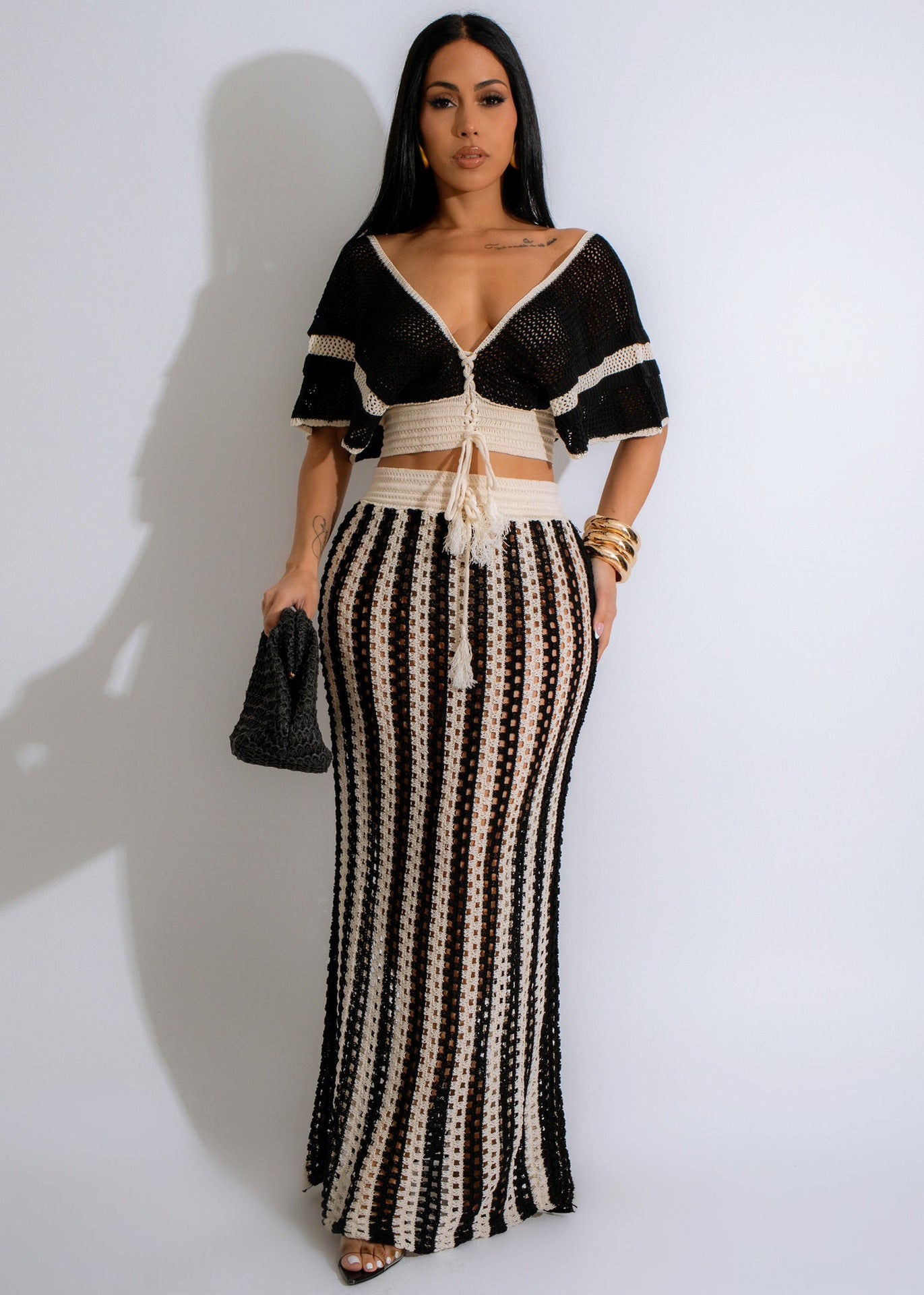 Summer Women sexy V-neck hollow striped knitting Top and Long Skirt 3