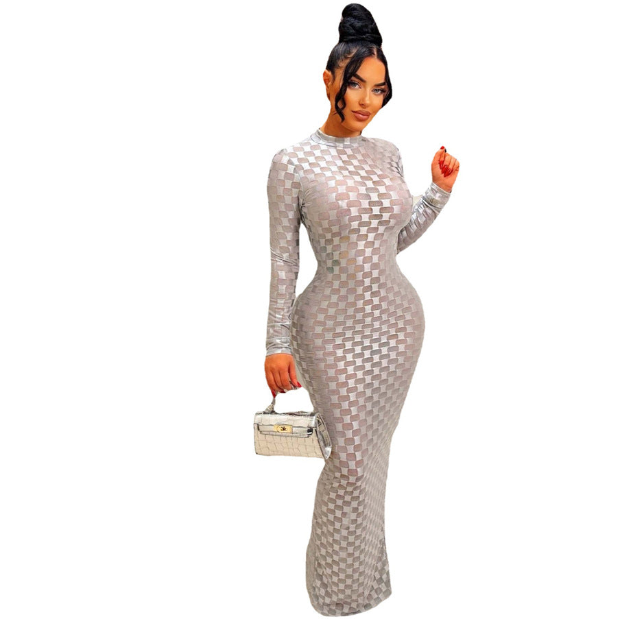 Women's Fashion Mesh Round Neck Slim Fit Long Dress 23